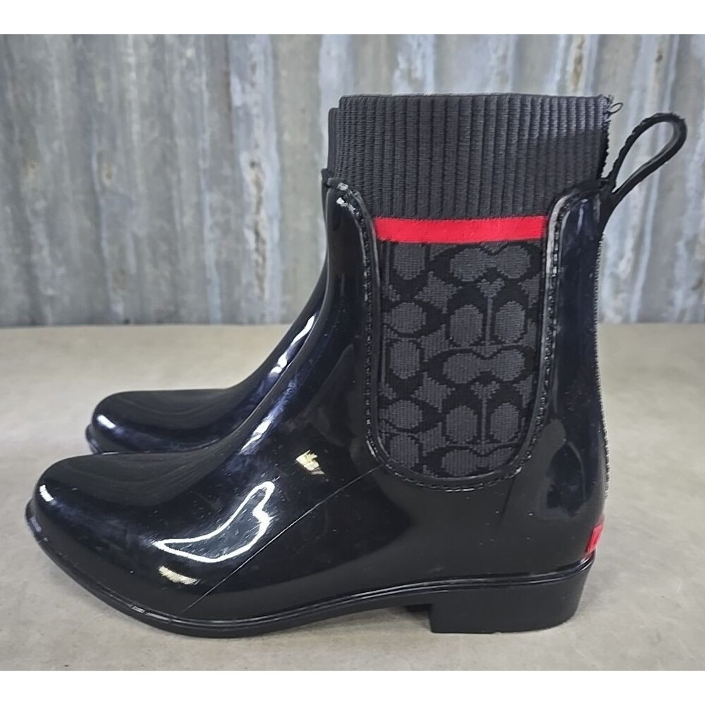 Coach Rivington Signature Knit Black Pull-On Ankle Rain Boot Womens Size 6